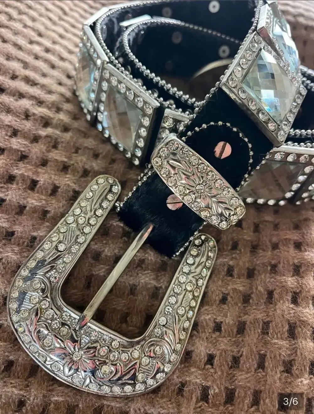 WB Atlas Western Rhinestone Bling Belt Black Leather Crystal Studded Size M